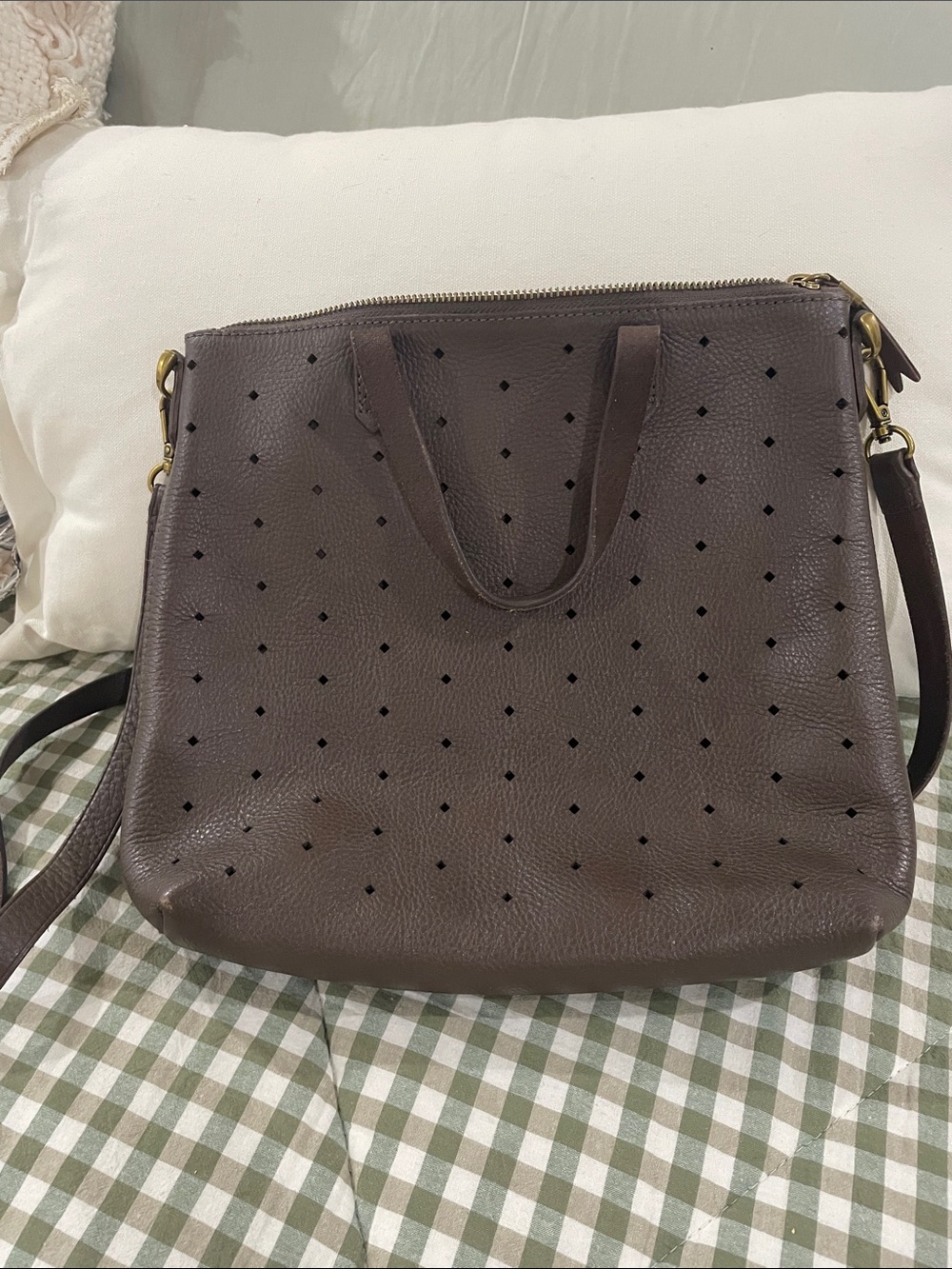 Madewell Perforated Leather Shoulder Bag in Dark Brown
